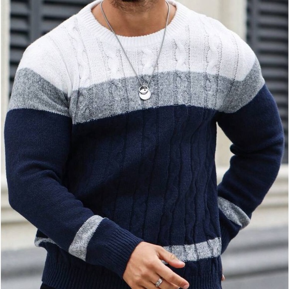 Manfinity Homme Men's Color Blocking Cable Knitted Sweater , Crew Neck - Picture 3 of 4